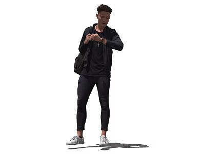 A Man Wearing Black Jacket And Pants Checking Wristwatch Carrying Backpack In White Background 3d model