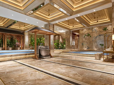 Luxury Hotel Lobby With Natural Marble Finishes Warm Ambient Lighting And Cozy Indoor Spa Pools 3d model