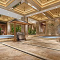 Luxury Hotel Lobby With Natural Marble Finishes Warm Ambient Lighting And Cozy Indoor Spa Pools