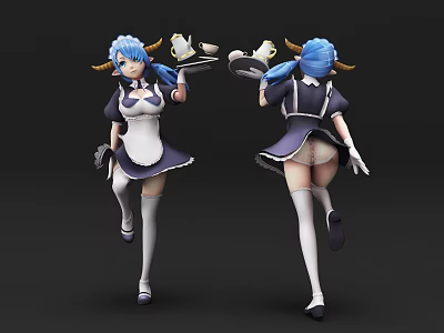 Game Movie Character Blue Hair Horns Maid Outfit Holding Tray White Stockings Front Back Views 3d model