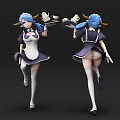Game Movie Character Blue Hair Horns Maid Outfit Holding Tray White Stockings Front Back Views