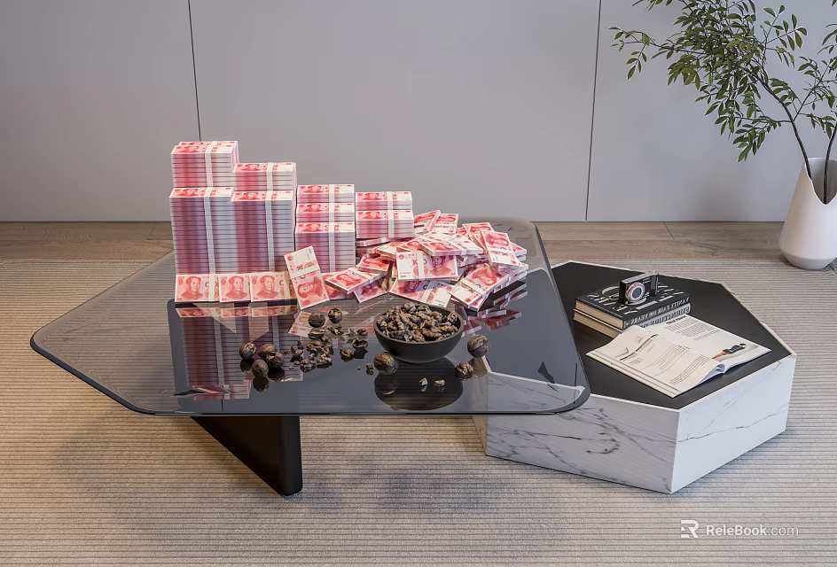 Glass Coffee Table With Stacks Of Cash Scattered Banknotes Black Ashtray Marble Box And Documents 3d model 