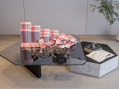 Glass Coffee Table With Stacks Of Cash Scattered Banknotes Black Ashtray Marble Box And Documents 3d model