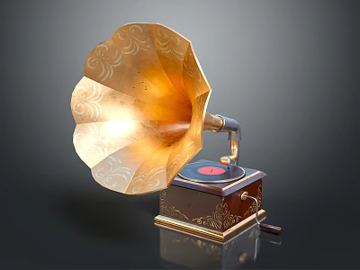 Vintage Gramophone With Ornate Brass Horn And Wooden Turntable Body 3d model