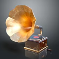 Vintage Gramophone With Ornate Brass Horn And Wooden Turntable Body