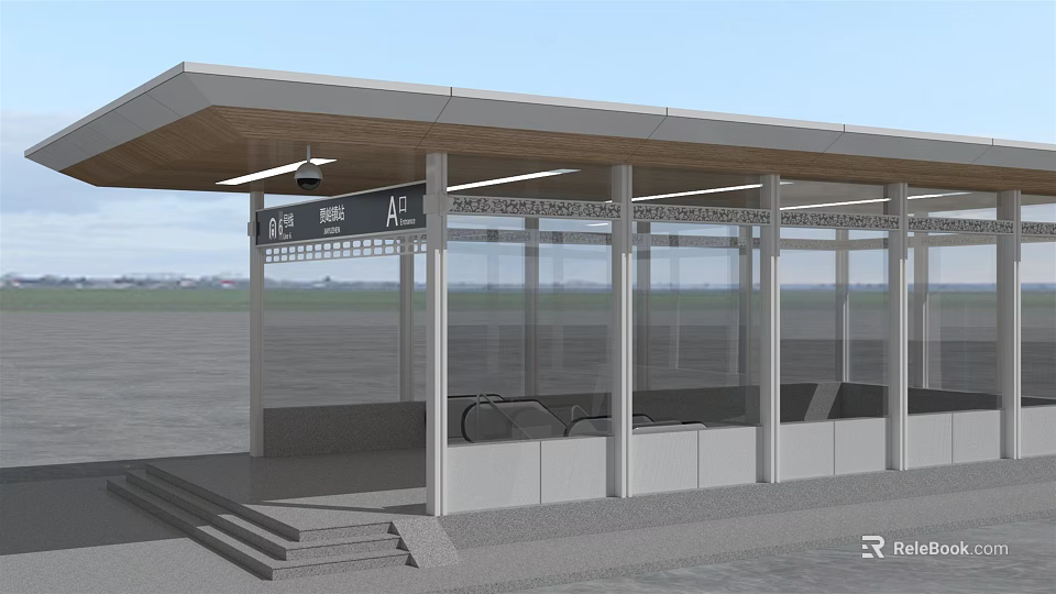 Modern Bus Stop Platform With Canopy Roof Transparent Glass And Seats 3d model 