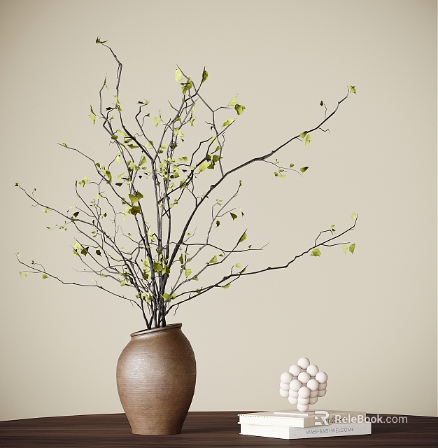 Minimalist Brown Ceramic Vase With Green Leaf Branches And White Decorative Balls On Light Background 3d model 