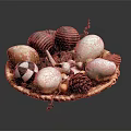 Decorative Ornament Set With Various Textured Spheres Pinecones And Seashells In Wooden Tray