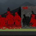 Garden Landscape Featuring Red and Black Opera Character Silhouettes on Stone Backdrop with Mountainous Background