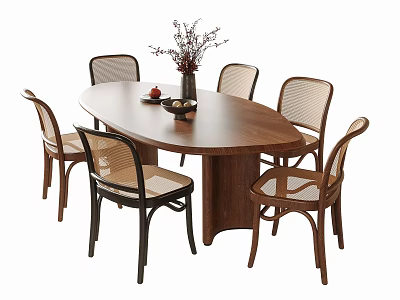 Wooden Oval Dining Table and Rattan Back Chair Set With Decorative Vase on Tabletop 3d model
