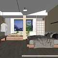Modern Hotel Guest Room With Wooden Floor Platform Bed Desk Window Seating Soft Lighting