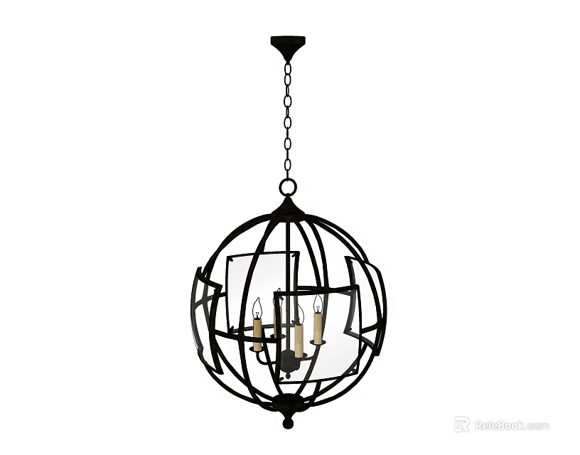 Modern Black Metal Spherical Chandelier With Candle Bulbs And Chain Hanging 3d model 