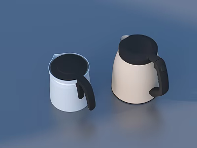 Two Modern Kettles White And Beige With Black Lids And Handles On Smooth Blue Background 3d model