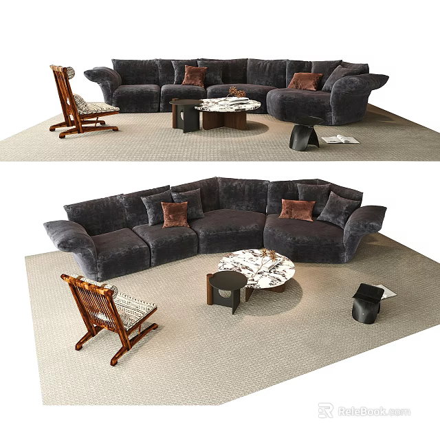 Modern Sofa And Coffee Table Set With Decorative Pillows Wooden Chair And Marble Top Rug 3d model 