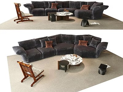 Modern Sofa And Coffee Table Set With Decorative Pillows Wooden Chair And Marble Top Rug 3d model