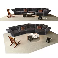 Modern Sofa And Coffee Table Set With Decorative Pillows Wooden Chair And Marble Top Rug
