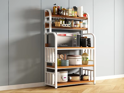 Multi tiered Kitchen Shelf with White Frame Wooden Shelves and Microwave Spices Storage 3d model