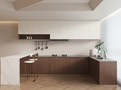 Modern Kitchen Interior With White And Wooden Cabinets Marble Island Countertop 3d model