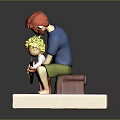 Game Movie Characters Adult Teaching Blonde Child to Play Guitar With Red Hat On Platform