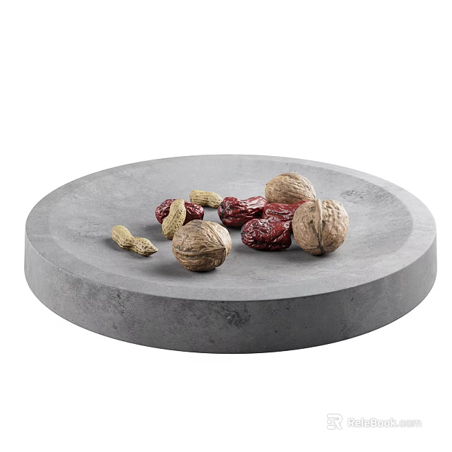 Fresh Red Dates Walnuts and Peanuts Arranged on Gray Round Tray for Healthy Snacking 3d model 