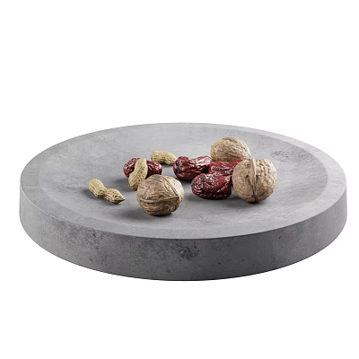 Fresh Red Dates Walnuts and Peanuts Arranged on Gray Round Tray for Healthy Snacking 3d model