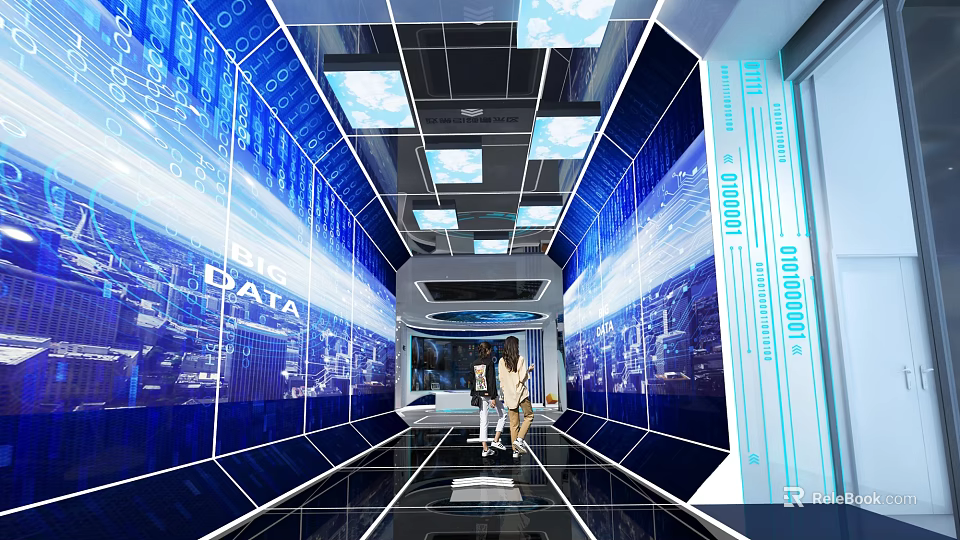 Futuristic Digital Corridor Interior With Large Data Screens And People Walking 3d model 