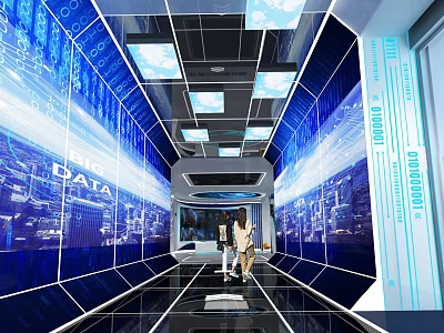 Futuristic Digital Corridor Interior With Large Data Screens And People Walking 3d model