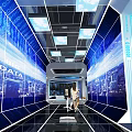Futuristic Digital Corridor Interior With Large Data Screens And People Walking 3d model