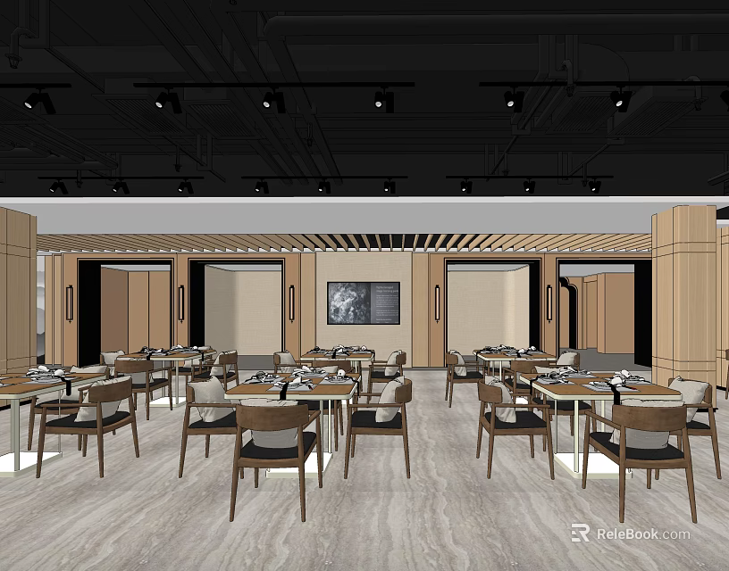 Modern Restaurant Interior With Wooden Tables Chairs Decorative Painting And Ceiling Lights 3d model 