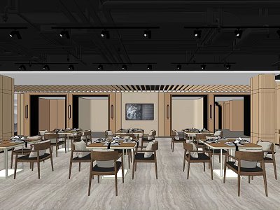 Modern Restaurant Interior With Wooden Tables Chairs Decorative Painting And Ceiling Lights 3d model