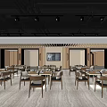 Modern Restaurant Interior With Wooden Tables Chairs Decorative Painting And Ceiling Lights