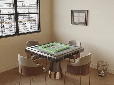 Square Entertainment Table With Green Surface Near Window Surrounded by Four Chairs and Wall Art 3d model
