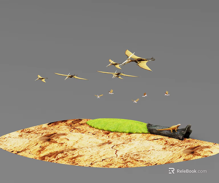Wild Reptile Resting on Dry Cracked Land with Green Grass Patch and Flying Birds Overhead 3d model 