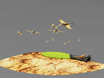 Wild Reptile Resting on Dry Cracked Land with Green Grass Patch and Flying Birds Overhead 3d model