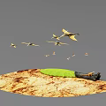 Wild Reptile Resting on Dry Cracked Land with Green Grass Patch and Flying Birds Overhead