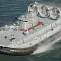 Military Hovercraft With Large Rotating Fans Radar System And Cannons On Water