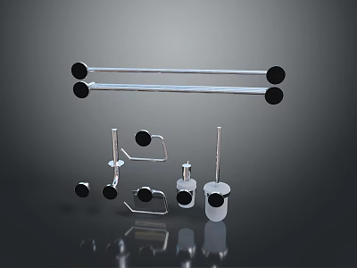 Stainless Steel Bathroom Accessories Set With Metal Rods And Black Round Bases 3d model