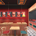 Red And Black Restaurant Interior With Tables Chairs Decorative Paintings And Tile Floor