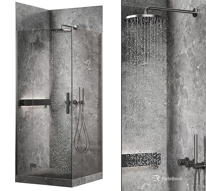 Modern Rainfall Shower Head With Water Flow In Marble Bathroom And Glass Partition Design 3d model 