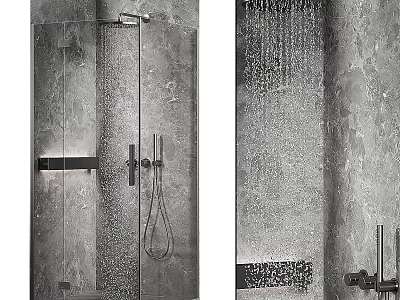 Modern Rainfall Shower Head With Water Flow In Marble Bathroom And Glass Partition Design 3d model