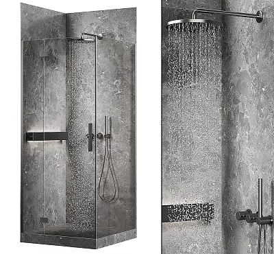 Modern Rainfall Shower Head With Water Flow In Marble Bathroom And Glass Partition Design 3d model