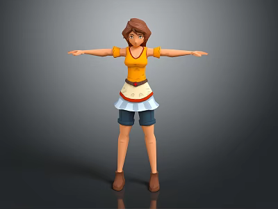 3D Female Character In Yellow Top White Apron And Blue Shorts With Arms Outstretched 3d model