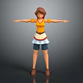 3D Female Character In Yellow Top White Apron And Blue Shorts With Arms Outstretched