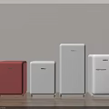 Stylish Red And White Refrigerators And Freezers Lined Up Against Light Wall On Wooden Floor