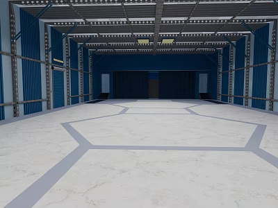 Spacious Industrial Interior With Blue Walls Metal Frame Ceiling Beams And Geometric Floor Pattern 3d model