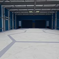 Spacious Industrial Interior With Blue Walls Metal Frame Ceiling Beams And Geometric Floor Pattern