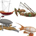 Diverse Airships And Vessels With Balloon Structures Sail Masts And Cannon Details