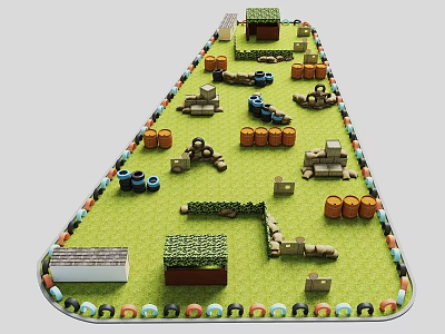 Miniature Grassland Scene With Various Barrels Crates Vehicles And Structures Layout 3d model