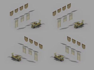Traditional Tea Table and Chairs Setup with Wooden Screens and Decorative Paintings 3d model