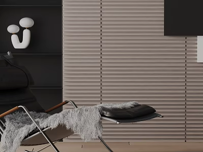 Modern Leisure Chair with Metal Frame Wooden Armrests Gray Fur Throw and Striped Wall 3d model